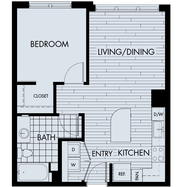 Floor plan for 1 bed, 1 bath, 697 sqft